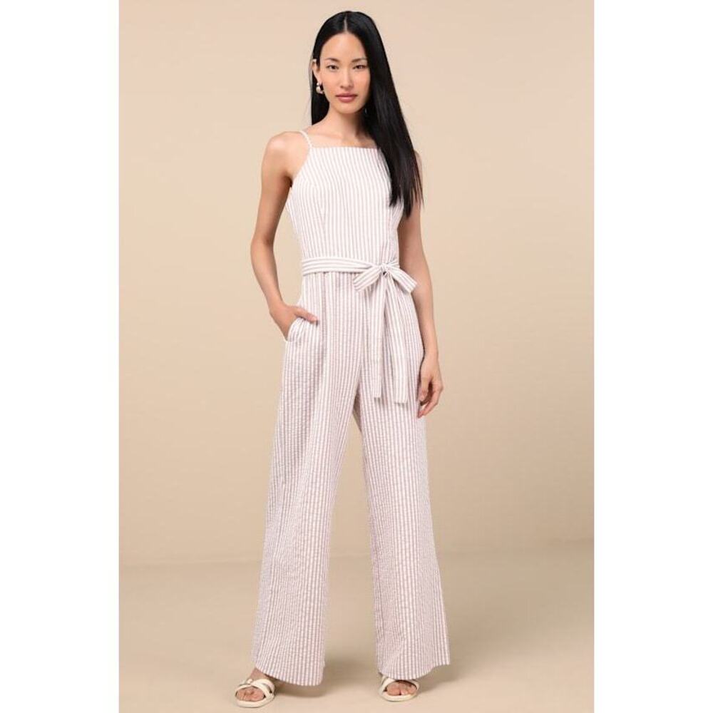 Lulus Messina Beige Striped Wide-leg Jumpsuit - Size S